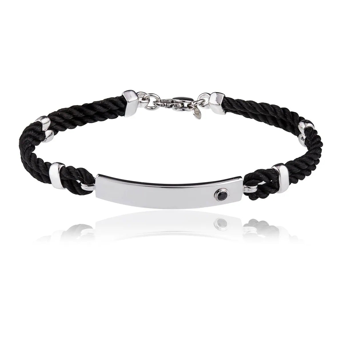 Men's Silver Bracelet with Black Cord, Zircon, and Plate