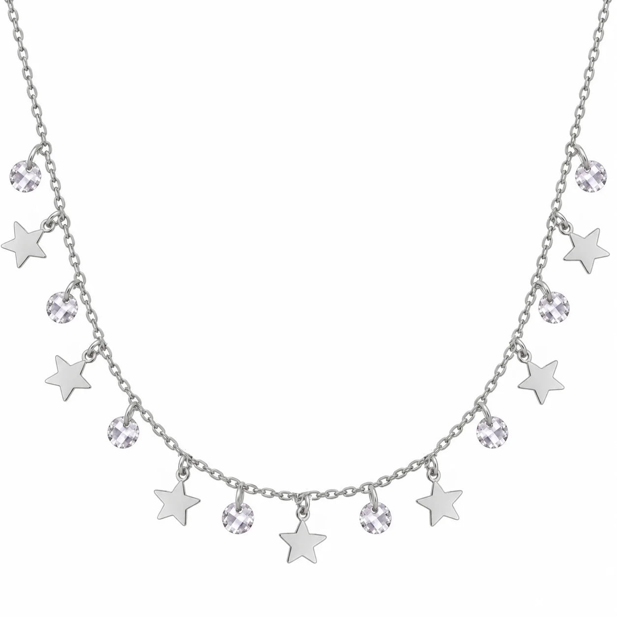 Collar de Plata Rodiada con Estrellas y Piedras Blancas