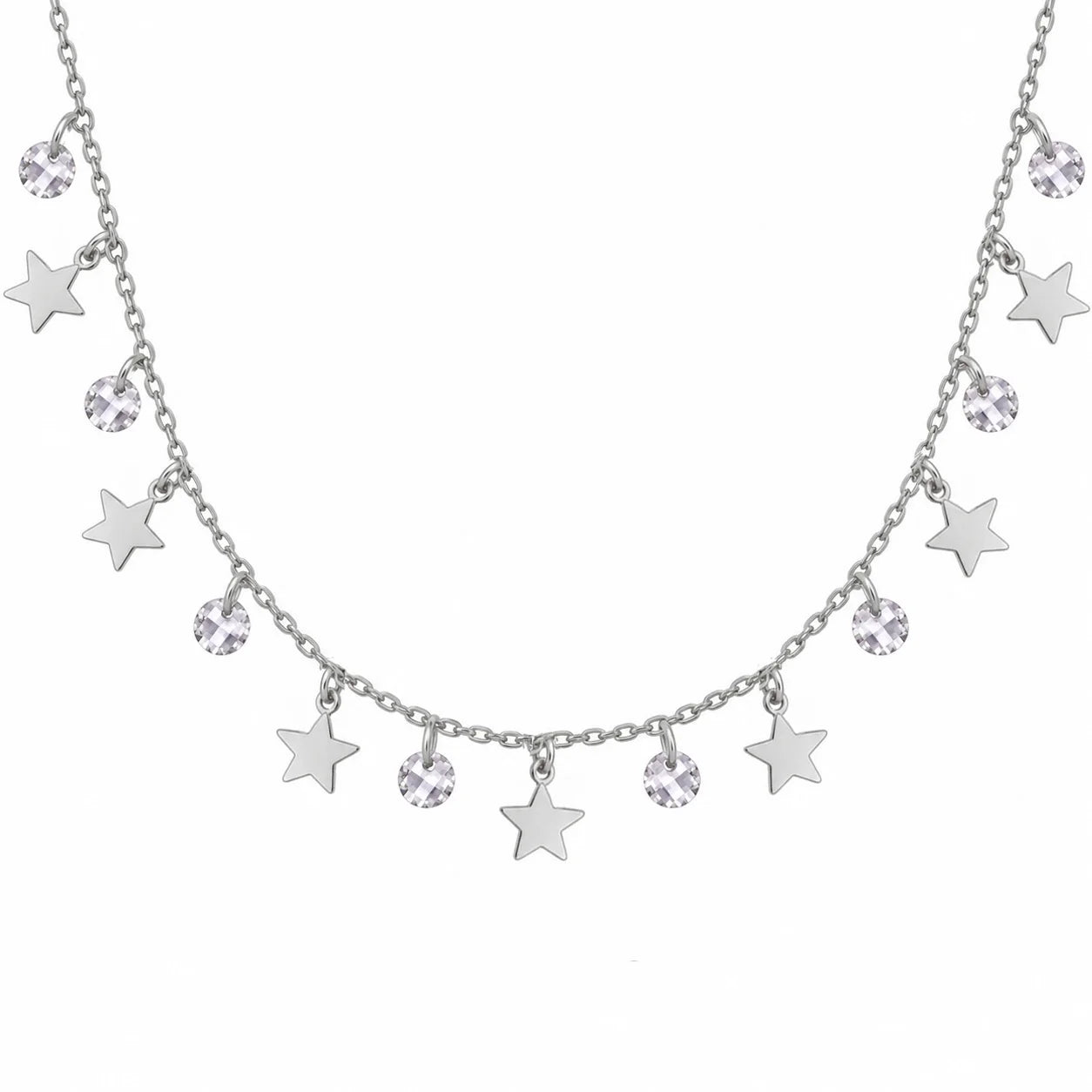 Collar de Plata Rodiada con Estrellas y Piedras Blancas