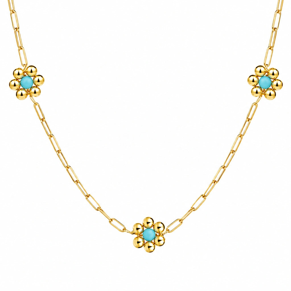 Collier rectangulaire rhodié avec trois fleurs roses