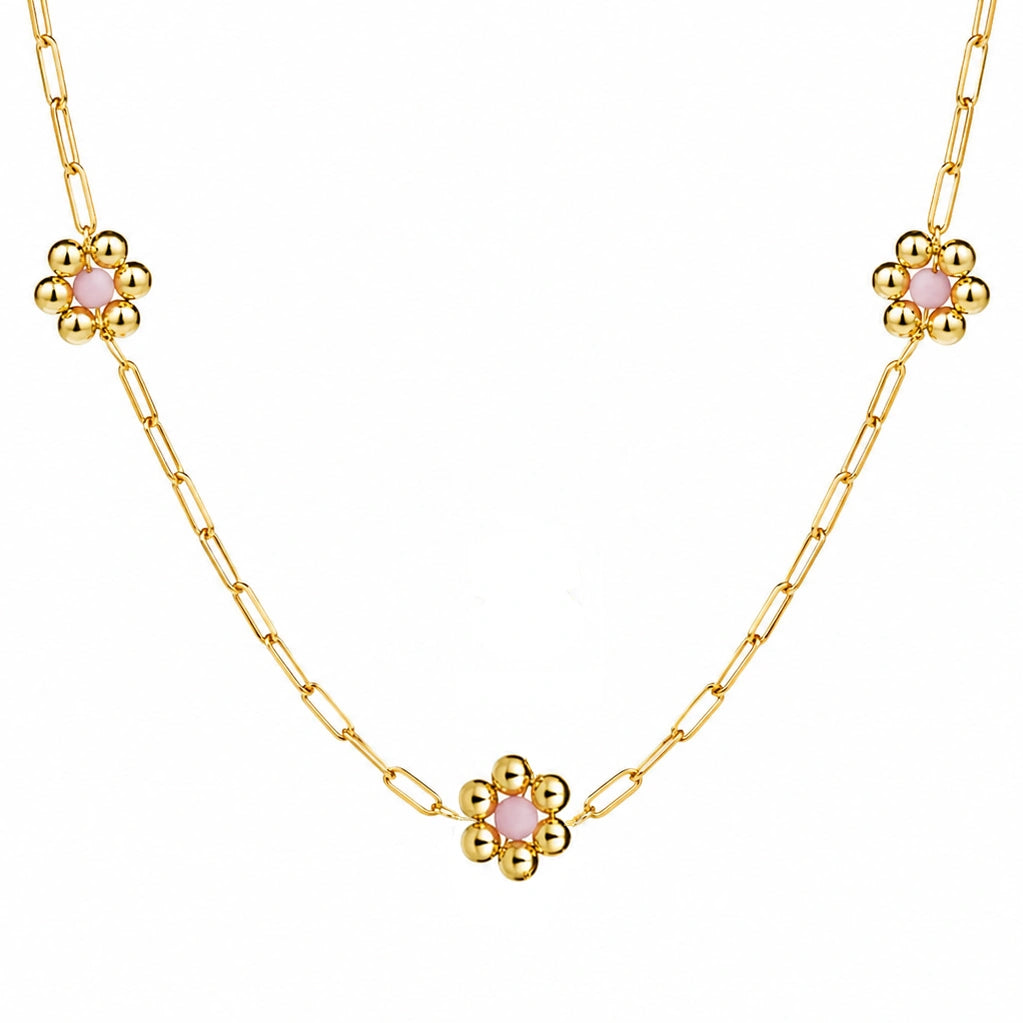 Collier rectangulaire rhodié avec trois fleurs roses