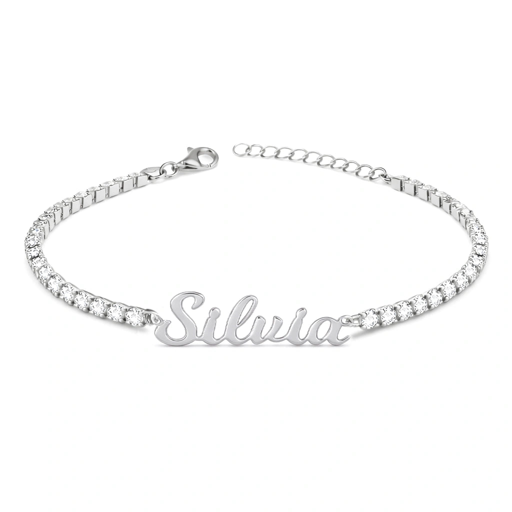 Bracciale Tennis con Nome Corsivo Rodiato