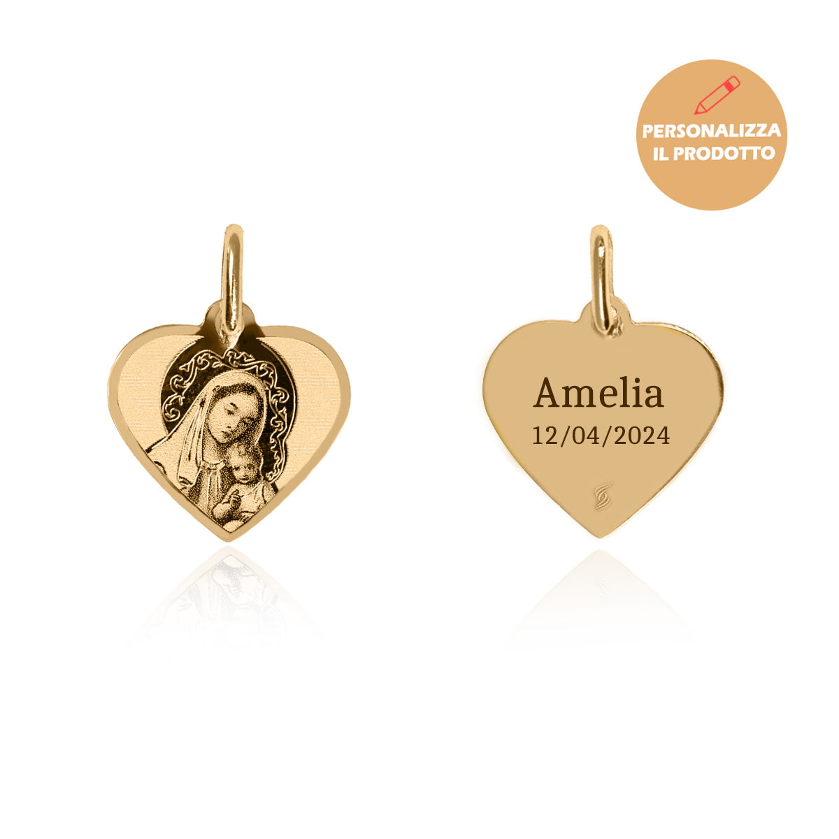 9Kt Gold Heart Necklace with Madonna and Baby Jesus