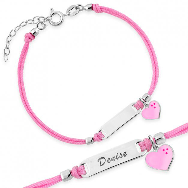 Silver Bracelet for Girl Pink Cord Pink Heart