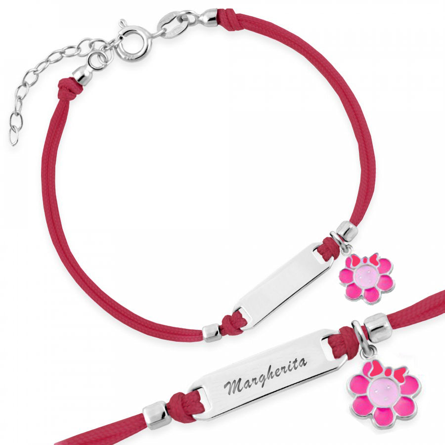 Bracciale Argento Bimba Cordoncino Rosso e Fiore con Fiocco