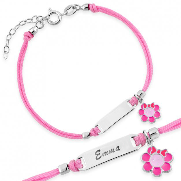 Silver Bracelet for Girls with Pink Cord and Flower with Bow
