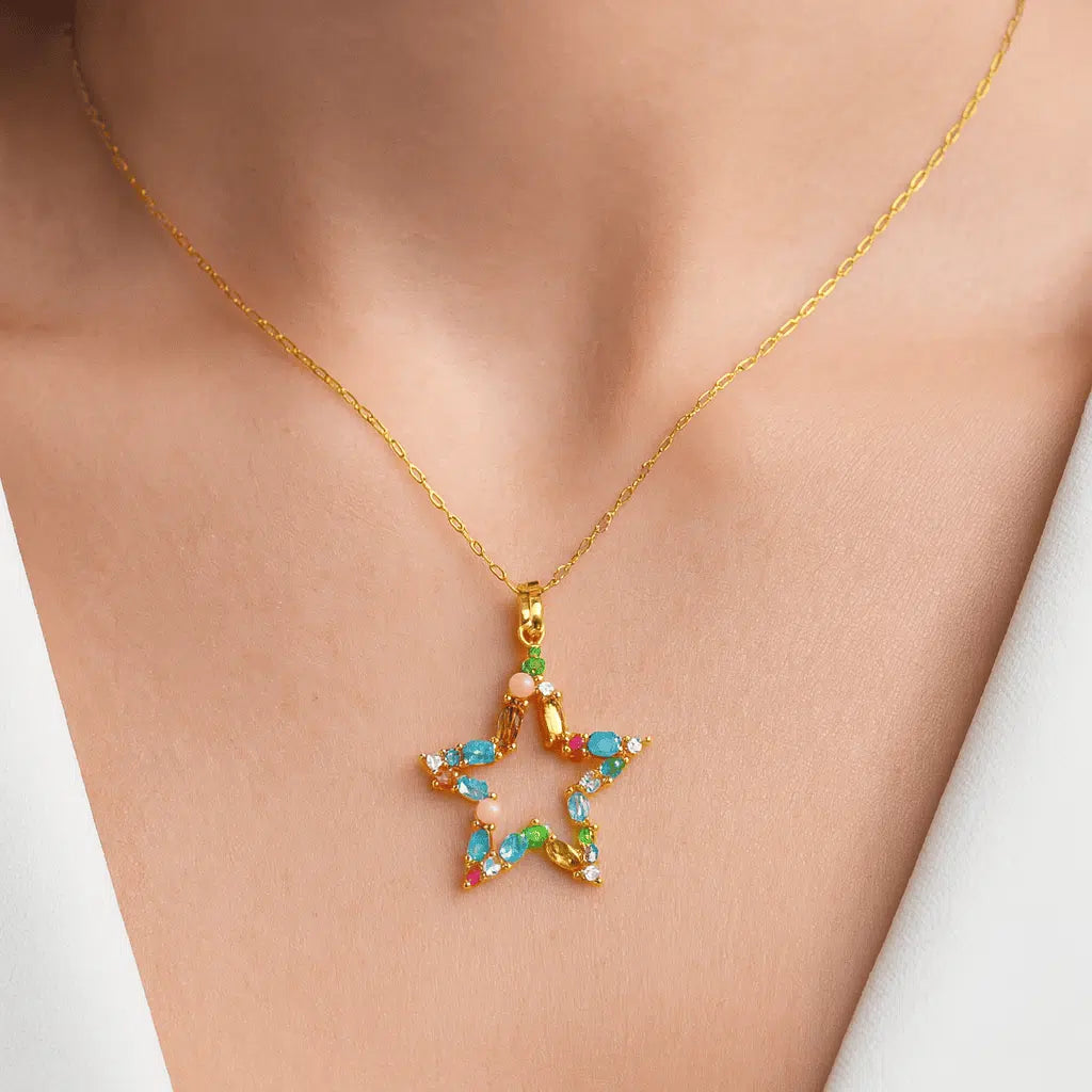 Collana Stella in Argento 925 Placcato Oro con Zirconi Multicolore