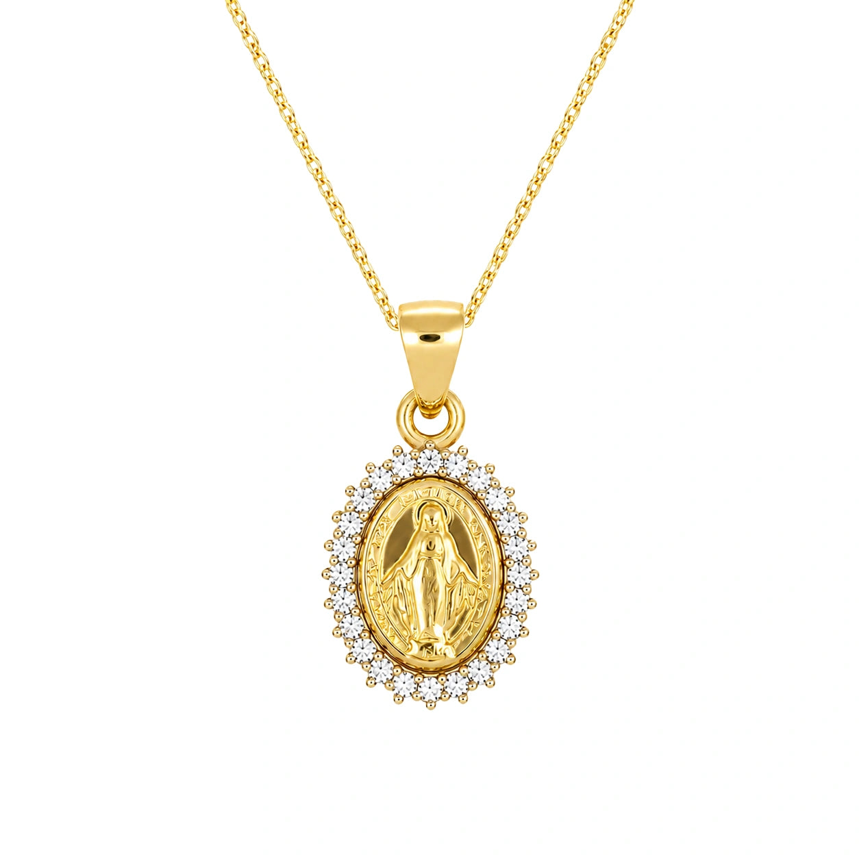 Collier en or avec Vierge Miraculeuse et pavé de zircons