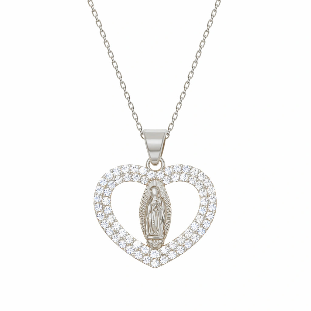 Collier Argent Cœur Ouvert Madone Miraculeuse et Zircons