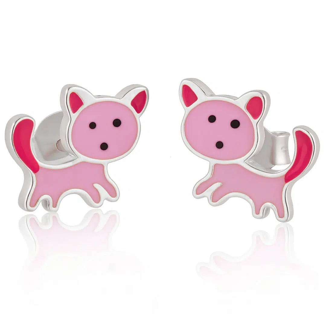 Silver Earrings with Enamel and Golden Kitten