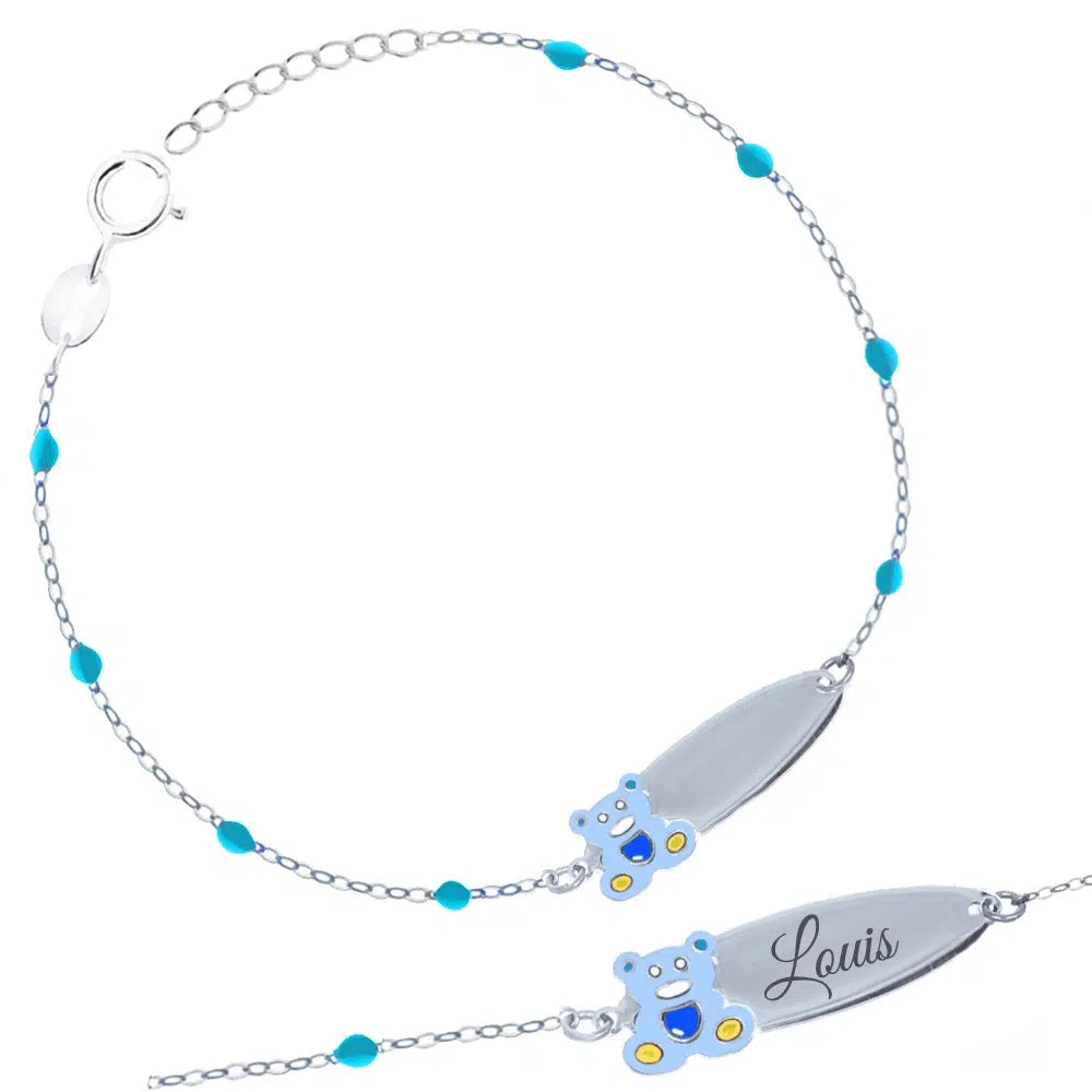 Pulsera Rosario de Plata con Osito Azul Esmaltado y Placa Grabable