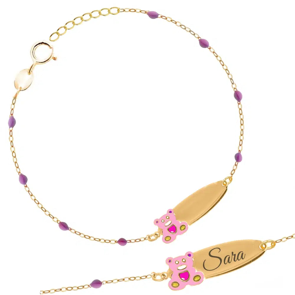 Bracelet Rosaire en Argent avec Ourson Rose Émaillé et Plaquette à Graver