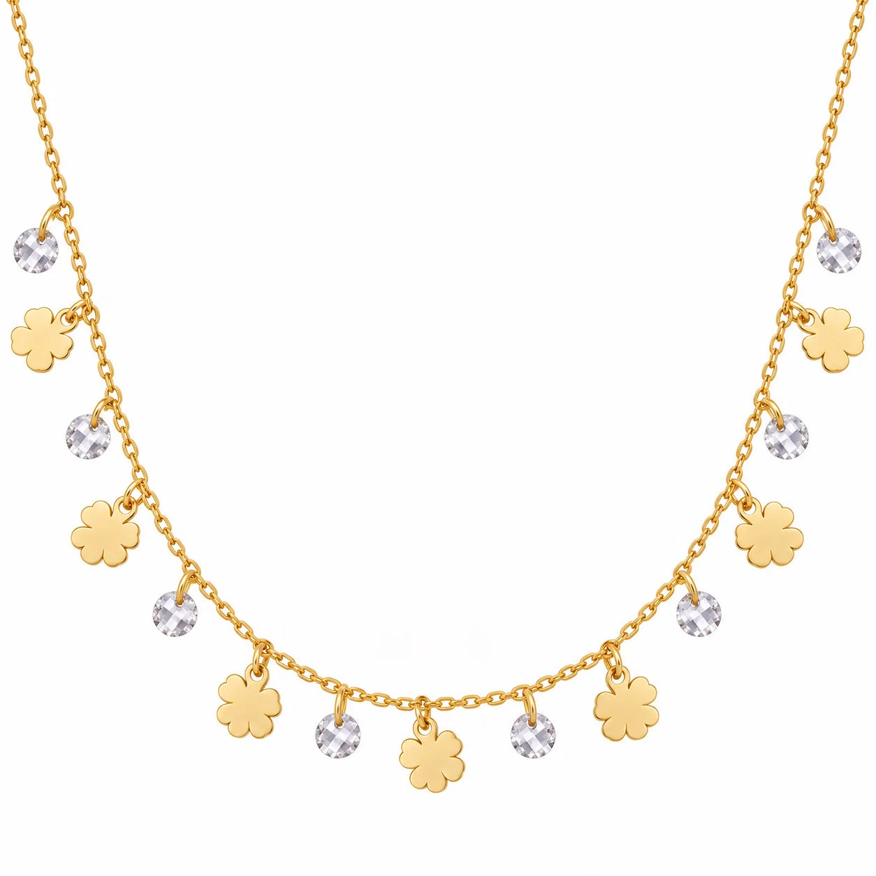 Collar de plata dorada con diseño de trébol de cuatro hojas y circonitas