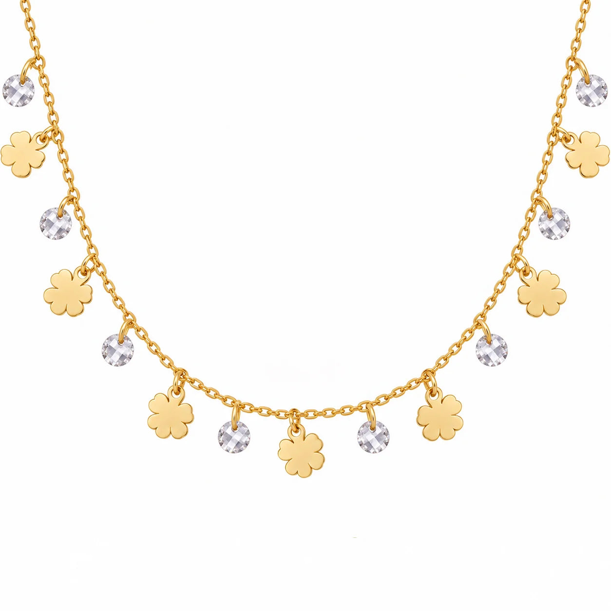 Collar de plata dorada con diseño de trébol de cuatro hojas y circonitas
