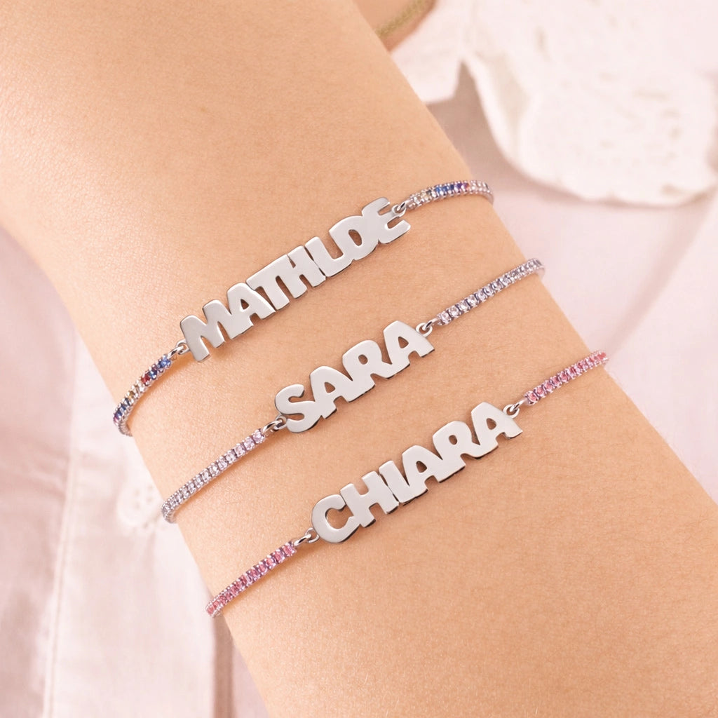 Rhodium-Plated Tennis Bracelet with Block Letters Name