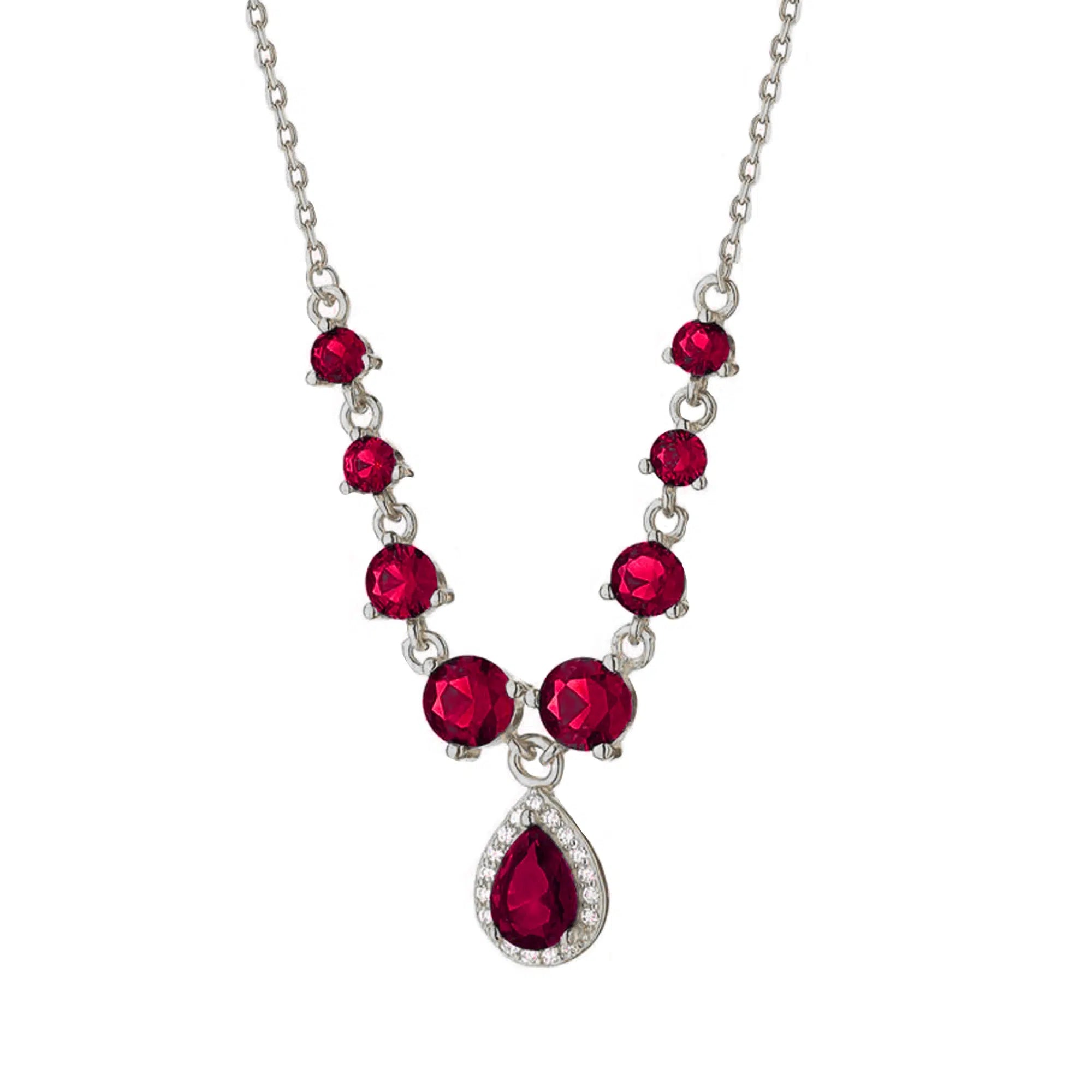 Rhodium Plated Dew Necklace with Red Zircons