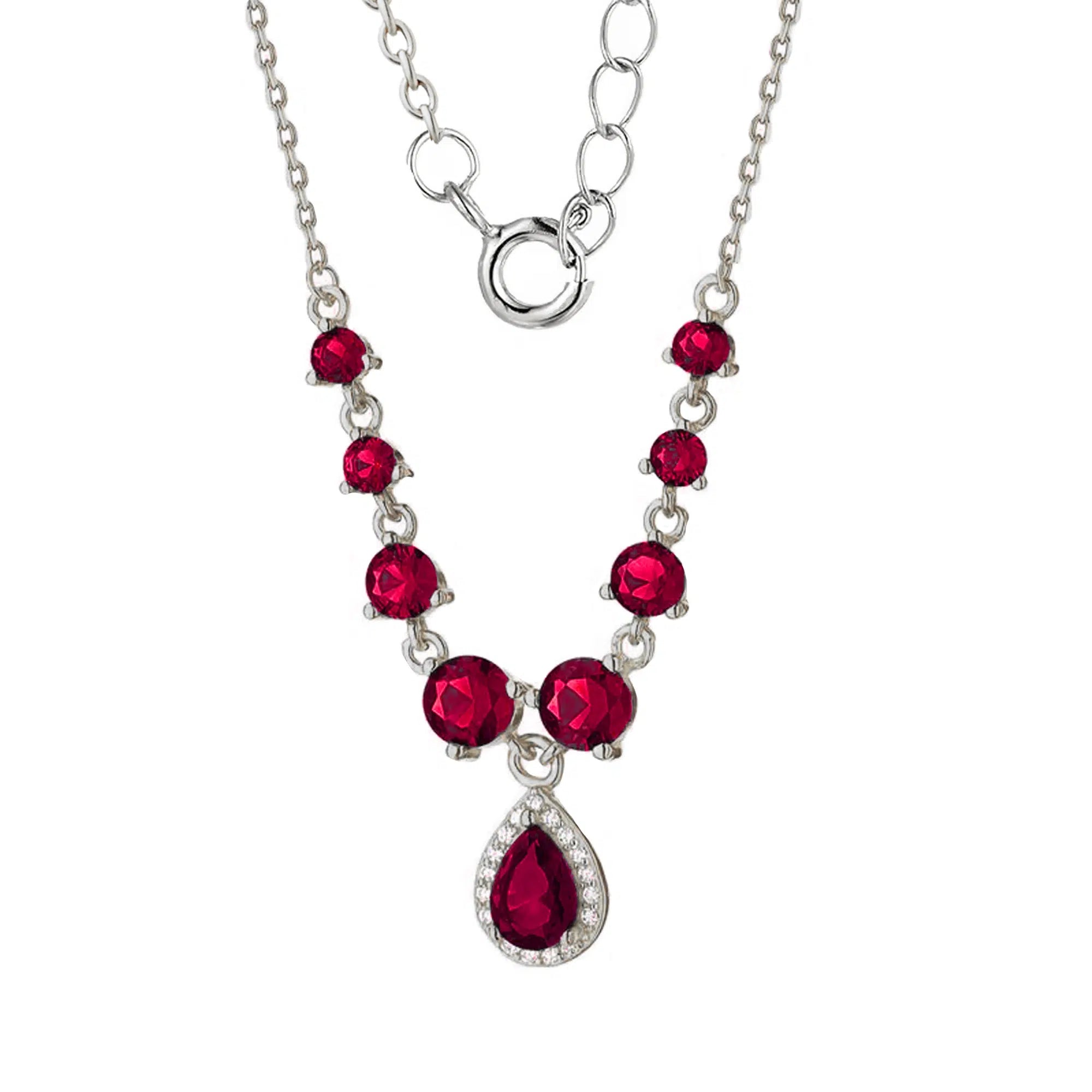 Rhodium Plated Dew Necklace with Red Zircons