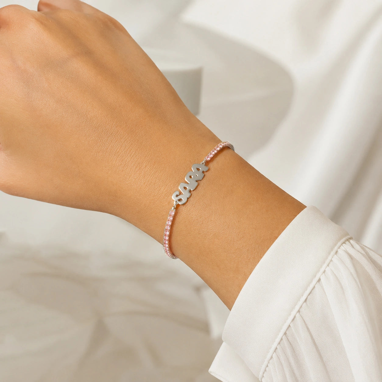 Tennis Bracelet with Rhodium-Plated Block Letters Name