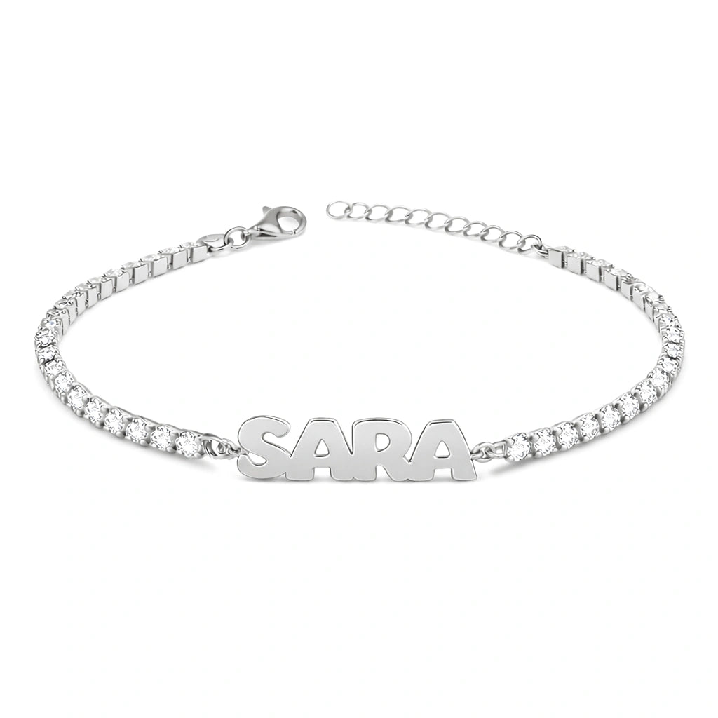 Rhodium-Plated Tennis Bracelet with Block Letters Name