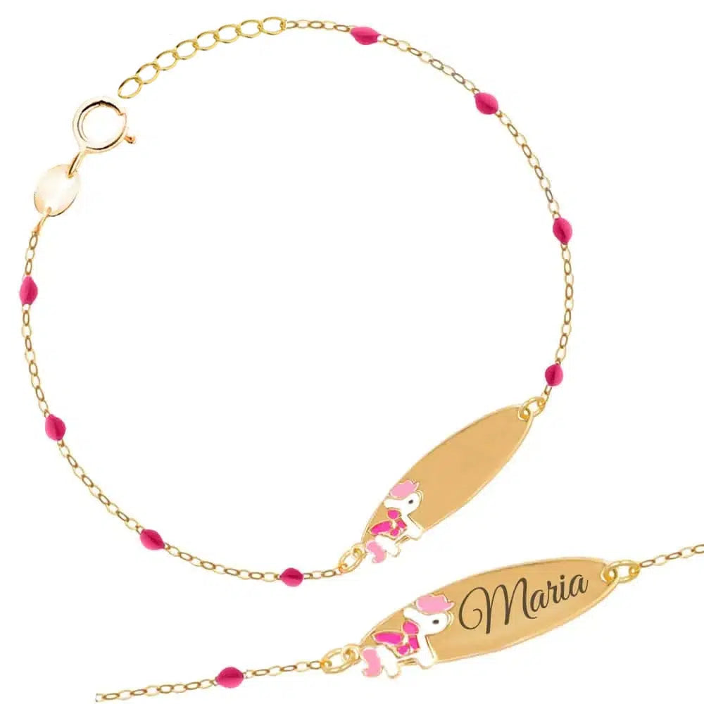 Rosary-Armband aus Silber mit emailliertem Einhorn und gravierbarer Plakette