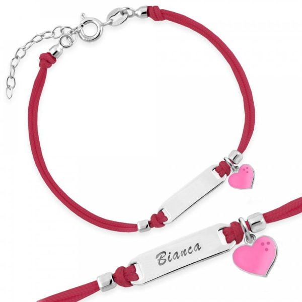 Bracciale Argento Bimba Cordoncino Rosso Cuore Rosa