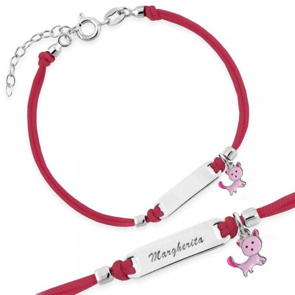 Bracciale Argento Bimba Cordoncino Rosso Gattino