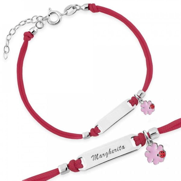 Bracciale Argento Bimba Cordoncino Rosso Quadrifoglio