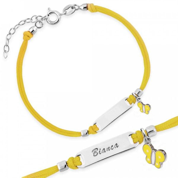 Bracciale Argento Bimba Cordoncino Giallo Farfalla Gialla