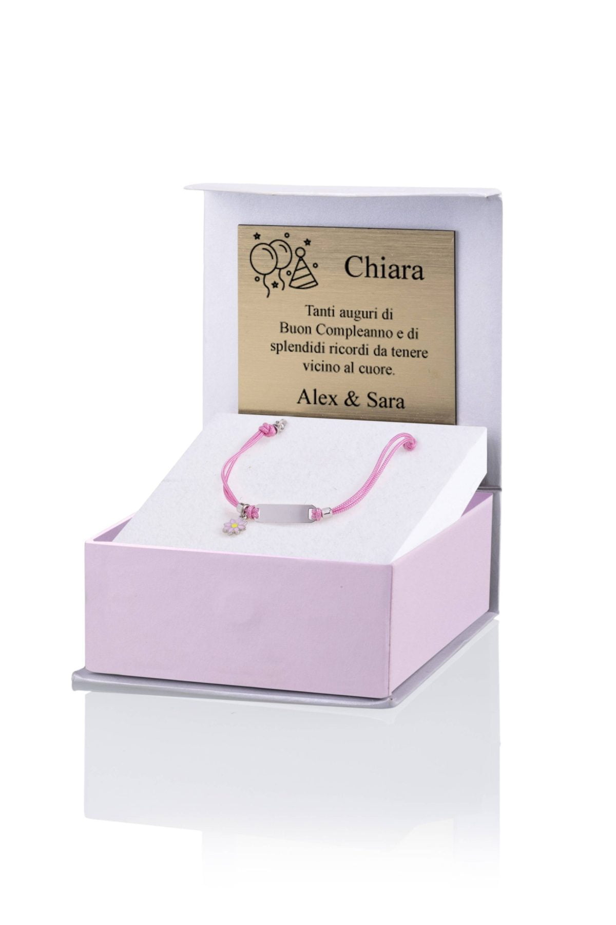 Bracciale Argento Bimba Cordoncino Rosa Fiore