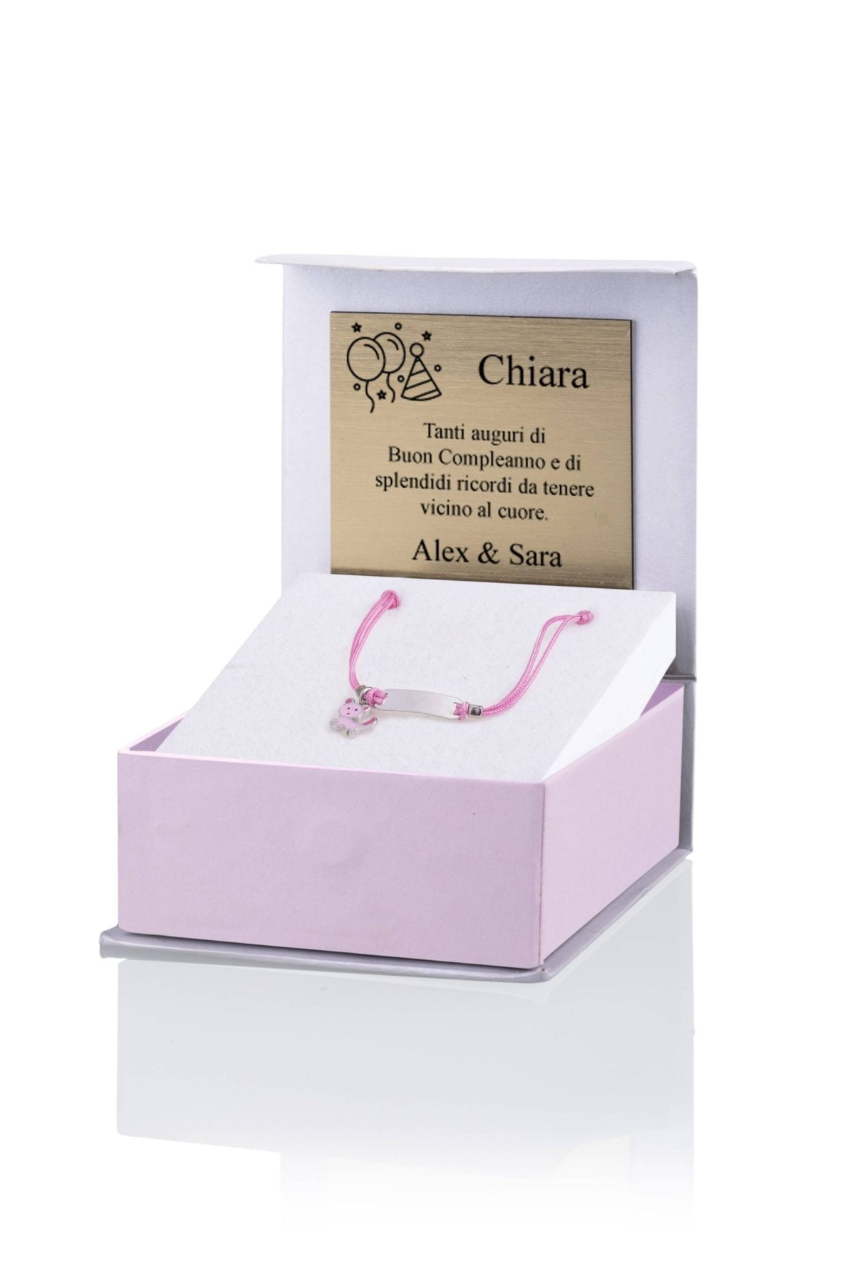 Bracciale Argento Bimba Cordoncino Rosa Gattino