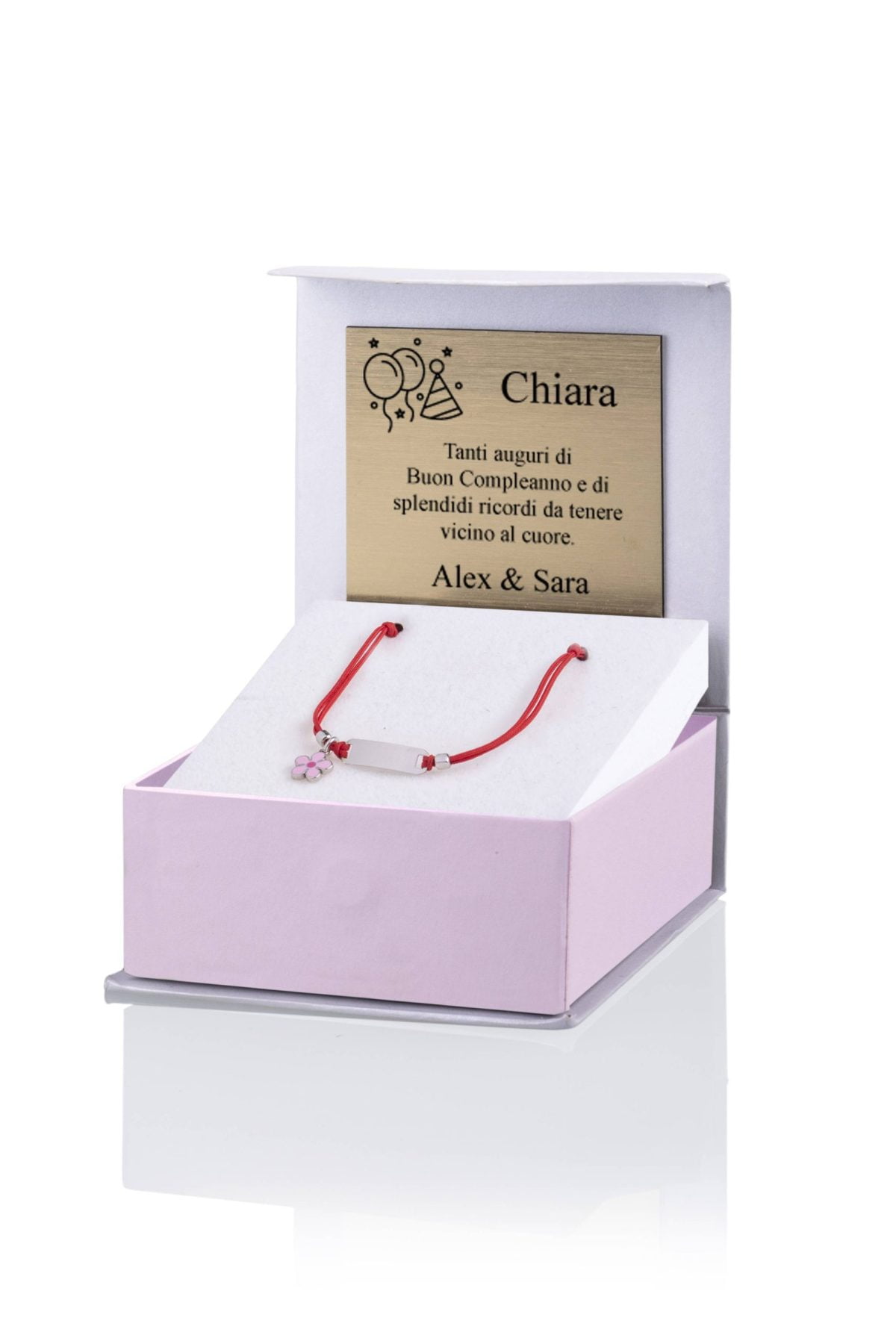 Bracciale Argento Bimba Cordoncino Rosso Margherita Rosa