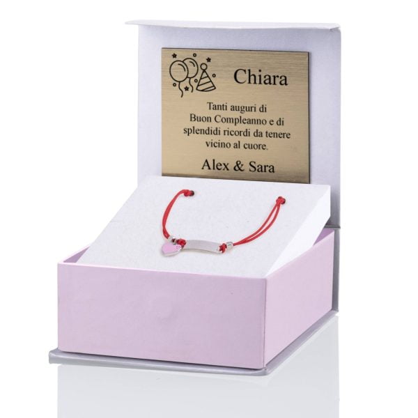 Bracciale Argento Bimba Cordoncino Rosso Cuore Rosa