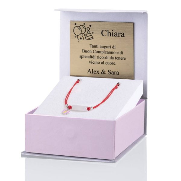 Bracciale Argento Bimba Cordoncino Rosso Farfalla Rosa