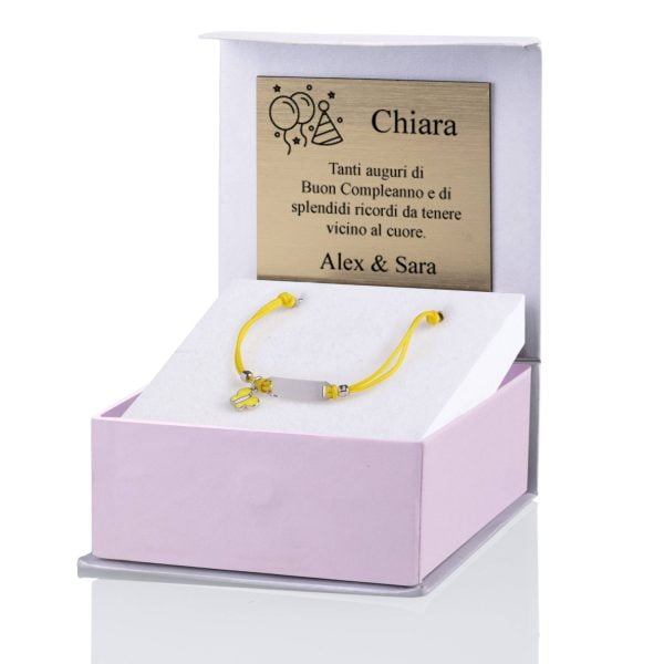 Bracciale Argento Bimba Cordoncino Giallo Farfalla Gialla