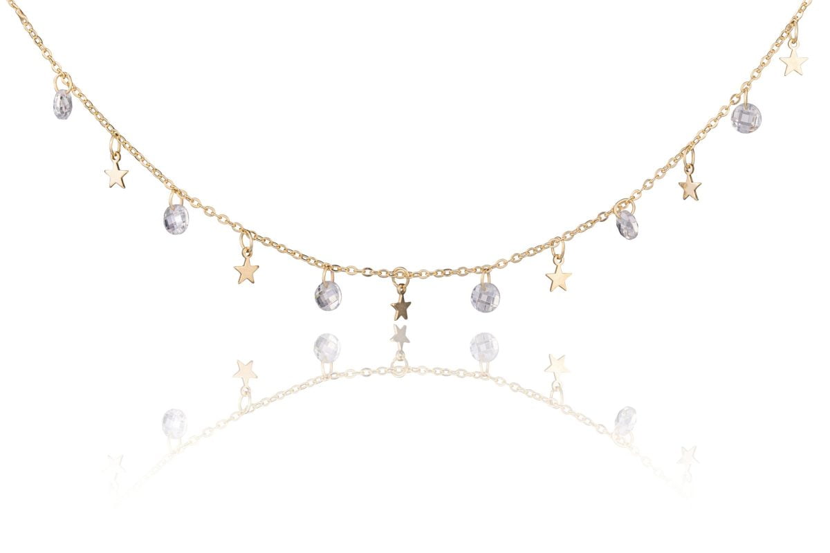 Collana in Argento Dorata Stelle e Pietre Bianche