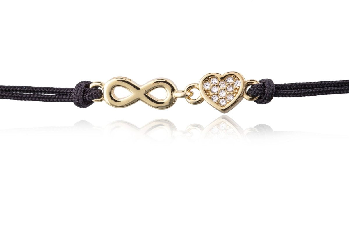 Bracciale in Argento in Corda Nero Cuore e Infinito Dorato