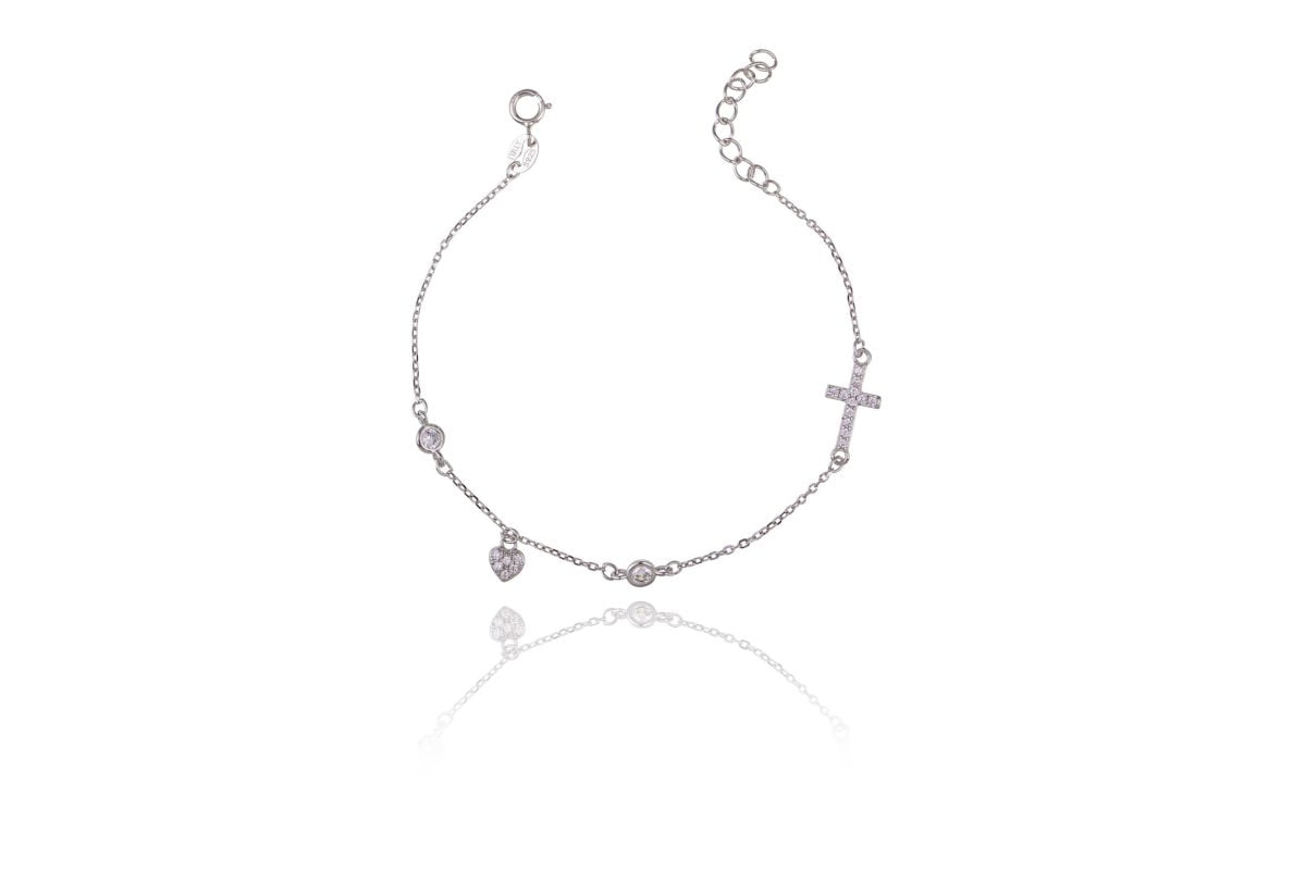 Bracciale in Argento Cuore e Croce Brillante