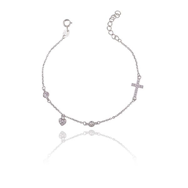 Bracciale in Argento Cuore e Croce Brillante