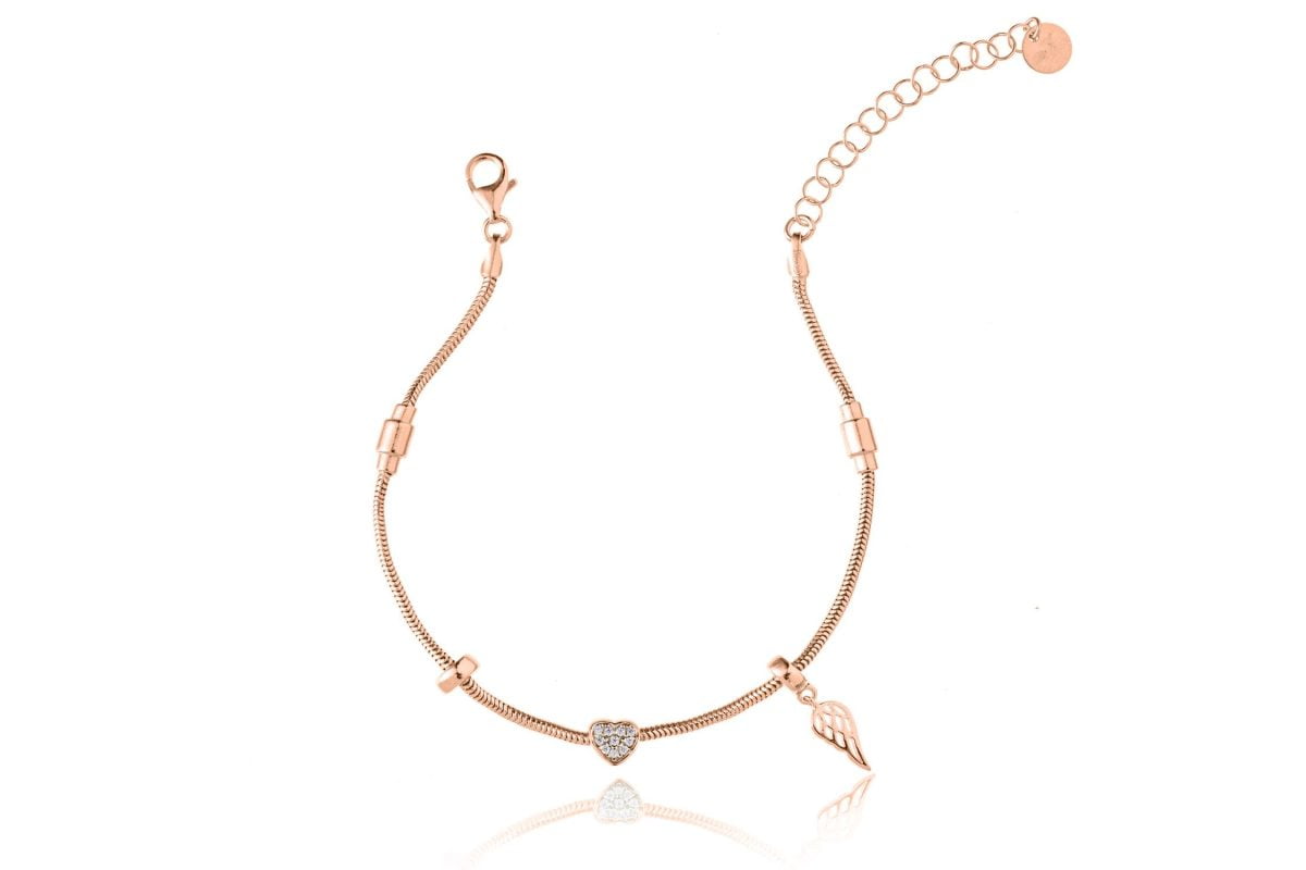 Bracciale Argento Coda di Topo Cuore Ali Rosè