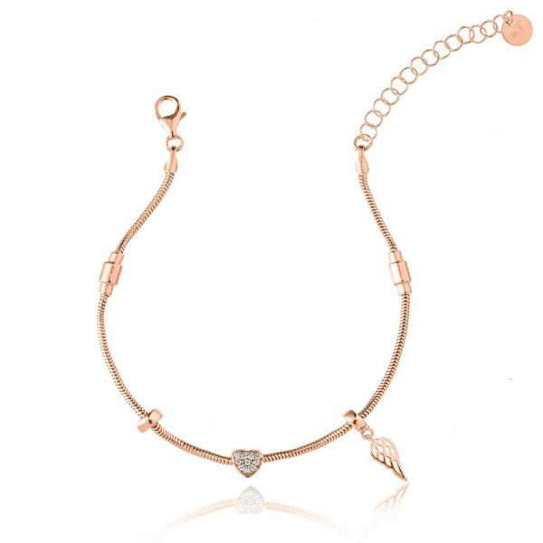 Bracciale Argento Coda di Topo Cuore Ali Rosè