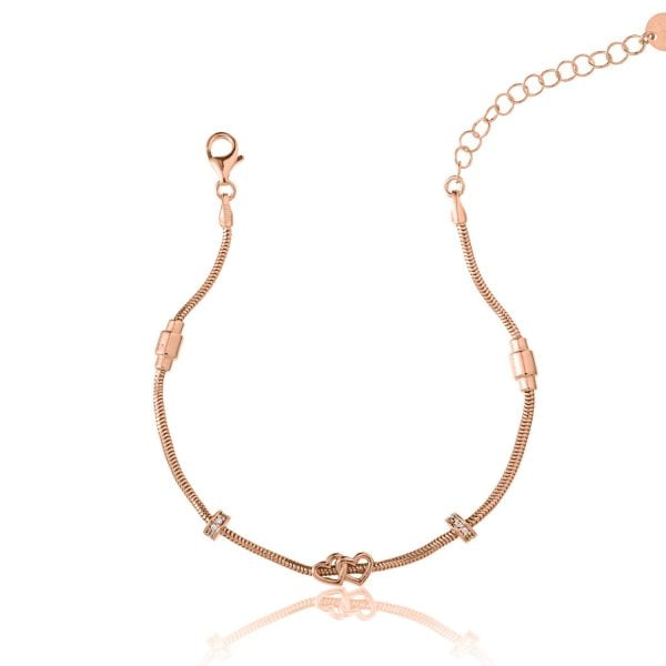 Bracciale Argento Coda di Topo Doppio Cuore Rosè