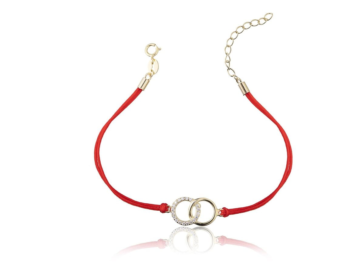 Bracciale in Argento in Corda Rosso Cerchi Strass Dorato