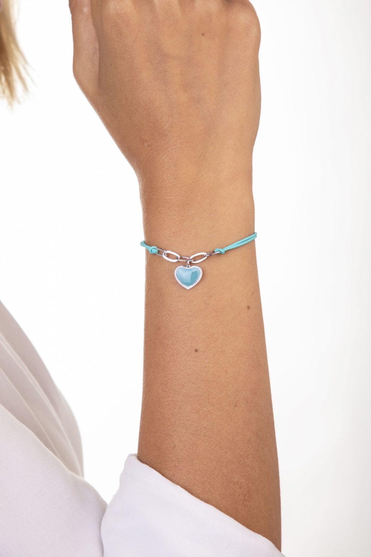 Bracciale Rodiato con Cuore Smaltato Turchese