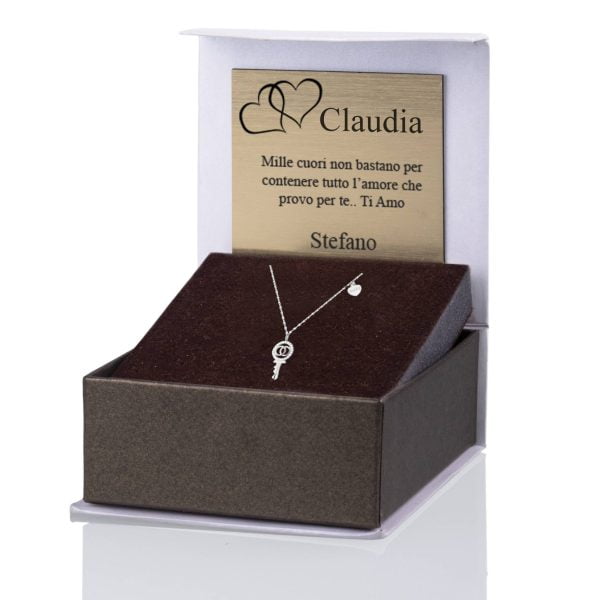 Collana in Argento Rodiata Lucky Key con Zirconi