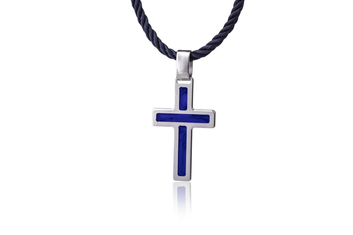 Collana Cordoncino con Croce Bicolore Blu