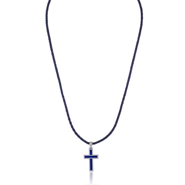 Collana Cordoncino con Croce Bicolore Blu