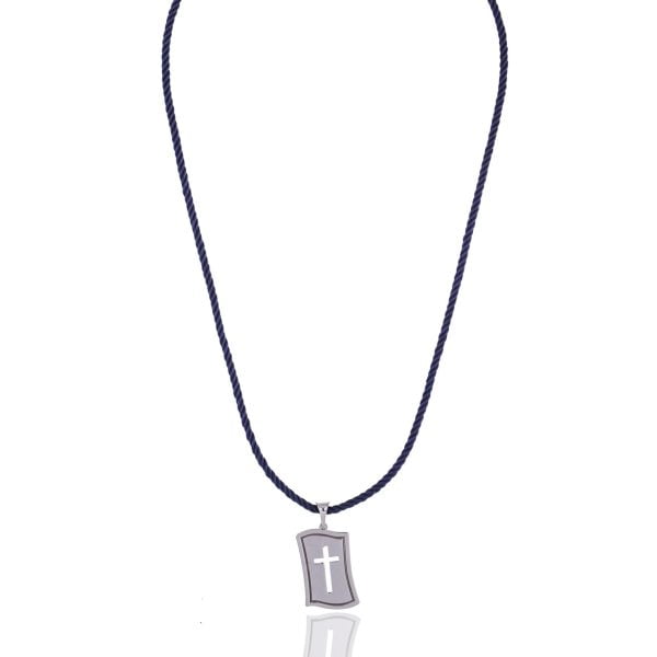 Collana con Croce dentro Piastrina Cordoncino Blu