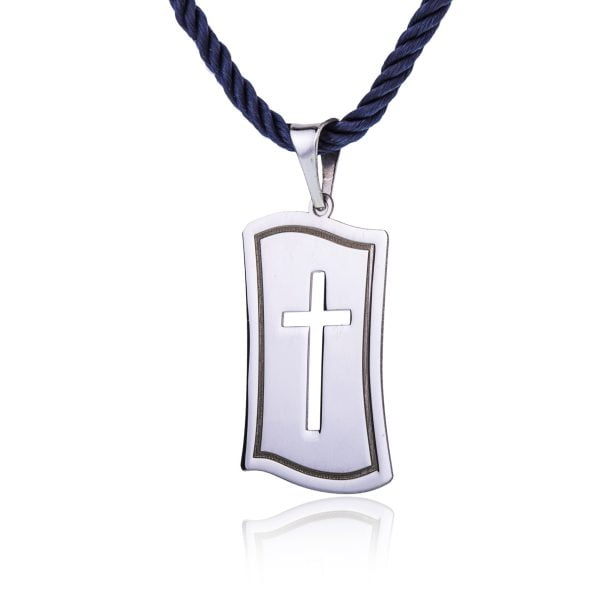 Collana con Croce dentro Piastrina Cordoncino Blu