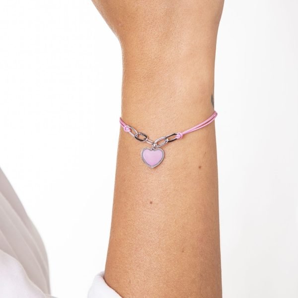 Bracciale Rodiato con Cuore Smaltato Rosa