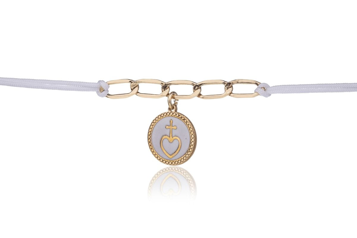 Bracciale Bianco con Croce su Cuore Dorato